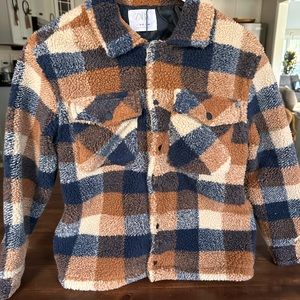 Zara - Boys Sherpa Flannel / Light Coat - Navy, Rust + Cream. Size 9-10